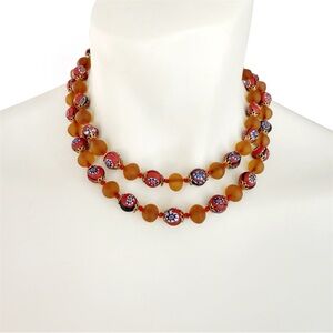 Vintage Murano Millefiori Venetian Art Glass Gold Satin Beads Necklace Italian